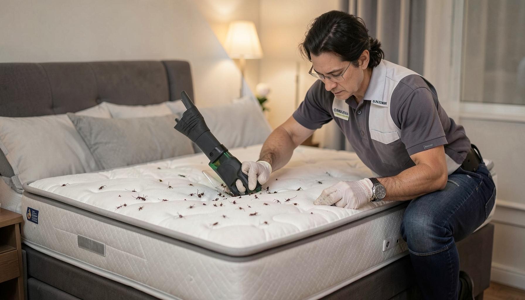 Pest control technician inspecting a mattress for bed bugs in a Wales, MA home